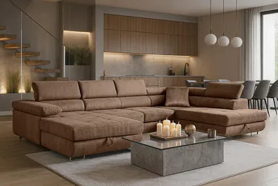 Produktbild von Sofiland Aller U-Form Ecksofa XXL Schlaffunktion 2 Bettkästen Hellbraun Rechts