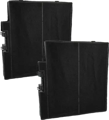 Two black charcoal filters for a range hood, shown from a diagonal angle against a white background.