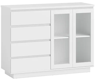 Image de Buffet blanc moderne avec 4 tiroirs et portes en verre | Couleur : Blanc | Dimensions : 120 x 40 x 91 cm