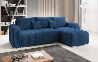 Produktbild von Easy4You Ecksofa Pufetto Marineblau Kord L-Form – 245x86x147 cm - Schlafsofa mit Bettkasten und Schlaffunktion - Eckcouch mit Stauraum  – Stoff Kord Poso 05