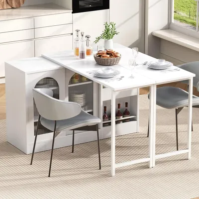 Immagine prodotto di Tavolo da bar moderno, allungabile, girevole a 360 gradi, con spazio contenitivo, ideale come bancone da cucina o mobile bar. Tavolo da pranzo con ante in vetro, colore bianco, dimensioni 121,5 cm