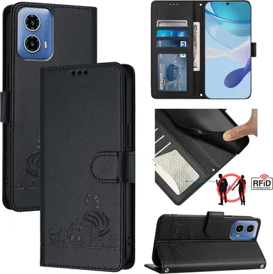 Produktbild von Leder Hülle für Motorola Moto G34 Süße Katze Flip Case Brieftasche Schutzhülle mit Standfunktion Schwarz