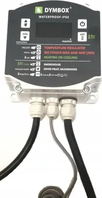 A close-up, front-facing view of a Dymbox temperature regulator with cables attached.