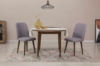 Produktbild von Skye Decor, Vina 0701 - Walnut, Grey, Ausziehbarer Esstisch und Stühle-Set (3-teilig), Nussbaum, 100 % MELAMINBESCHICHTETE SPANPLATTEN, 100 x 100 x 75 cm
