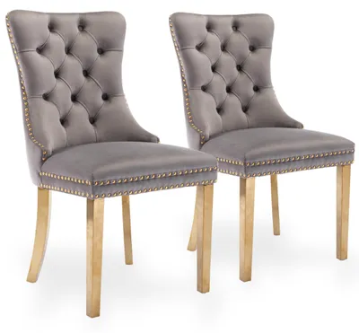 Productafbeelding van Set van 2 fluweleetstoelen voor de eetkamer, met een hoge rugleuning en een frame van rubberhout in goudkleur, grijs