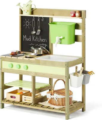 Imagen del producto de Cocina de madera para niños, ideal para exteriores, con 10 accesorios, a partir de 3 años.