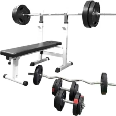 Produktbild von GORILLA SPORTS® Hantelbank - inkl. Langhantelset 100 kg, mit Ablage und Dip-Station, Verstellbare Höhe und Neigungswinkel, Klappbar, Multifunktion, Weiß - Drückerbank, Flachbank, Trainingsbank