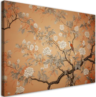 Produktbild von Leinwandbild Vogel Baum Chinoiserie 90x60 Feeby Orange bild für die wand bereit zum aufhängen