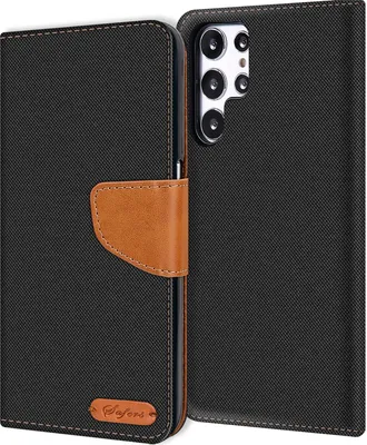 A black flip case for a Samsung Galaxy S23 Ultra phone, shown open to reveal the phone's camera array.