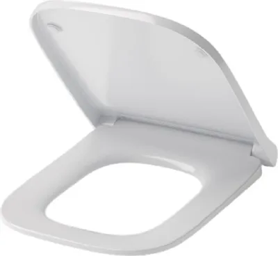 A white toilet seat and lid are shown from a slightly elevated angle against a white background.