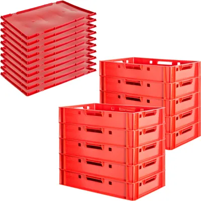 10x Euro-Plastikkiste E1, rot, mit Griff auf jeder Seite und 10x passende Deckel