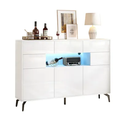 Produktbild von 140*30*94cm Wohnzimmer-Sideboard, mit 3 Schubladen und 5 Schränken,Hochglanz-Kommode Mit LED-Lichtleiste,Schrank mit 5 Metallbeinen,140cm breit,MDF