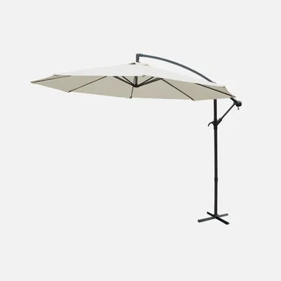 A cantilever umbrella with an ecru canopy and black pole and base, set against a plain light gray background.