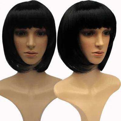 Produktbild von Perücke 30cm Kurzhaar Glatt Pony Bubikopf Karneval Kostüm Fasching Babe Party Cosplay Schwarz