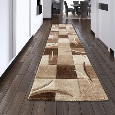 Obrázek produktu pro Designový koberec Moderní koberec Koberec do obývacího pokoje Krátký vlasový koberec s obrysovým károvaným vzorem Hnědá Béžová Mocha Velikost - 80 x 300 cm