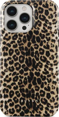 A close-up, top-down view of a phone case with a leopard print pattern.