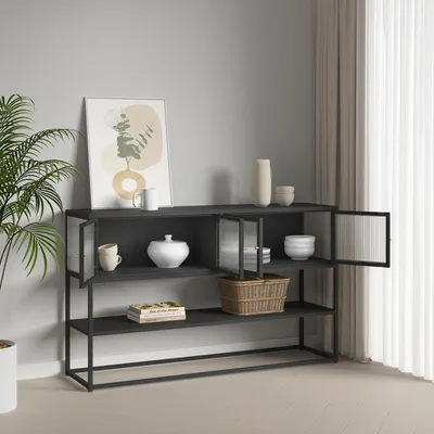 Produktbild von Sideboard 'Säkylä' mit 4 Glastüren 2 Innenfächern und 1 Ablage Vitrinenschrank 150 x 38 x 90 cm Stahl Schwarz