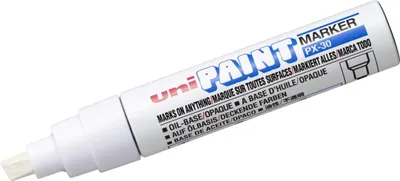 A white paint marker with branding and product information.