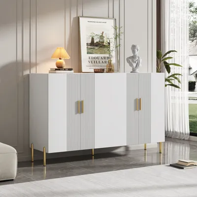 Produktbild von MODFU matte Sideboard mit 4 Türen, Schrank Buffet mit goldenen Metallgriffen für Wohnzimmer, Schlafzimmer, Kinderzimmer, Jugendzimmer und Büro, Weiß