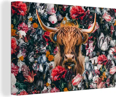 Produktbild von MuchoWow® - Leinwandbilder - Schottischer Highlander - Illustration - Blumen, Wandbild, Wanddeko Bilder Wohnzimmer, 120x80cm
