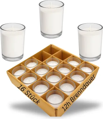 Produktbild von Candelo Votivkerzen 16 Kerzen im Glas - Weiße Stilvolle Tischkerzen - 12 Stunden Brenndauer ohne Duft für Dekoration Hochzeit, Geburtstag, Partys