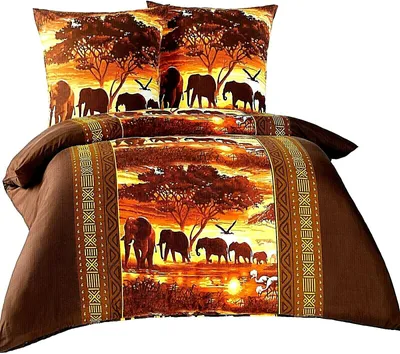 Produktbild von 3teilig Bettwäsche Bettgarnitur Bettbezug Bett Übergröße 200x200 2x Kissenbezug 80x80 Gold Braun Afrika Elefanten Karawane Mikrofaser