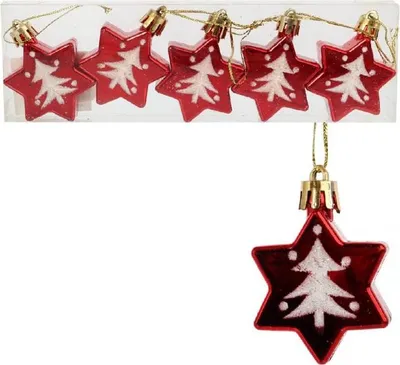 Produktbild von Set mit 5 roten, sternförmigen Christbaumkugeln