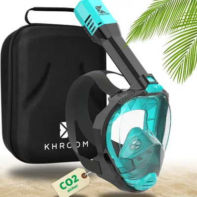 Produktbild von Khroom Schnorchelmaske Erwachsene Vollmaske | In Höhle der Löwen vorgestellt | Unsere Beste CO2 sichere Tauchermaske Seaview Pro zum Schnorcheln | Vollgesichtsmaske Schnorchelmaske (L/XL Türkis+Case