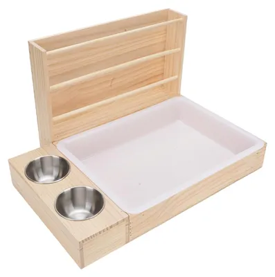 3-in-1 Holz-Futterstation für Kleintiere, kippfest, mit Katzenklo und 2 Näpfen
