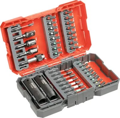 An open red and gray tool case containing various bits and sockets.
