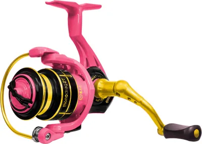 A pink and gold fishing reel is shown against a white background.