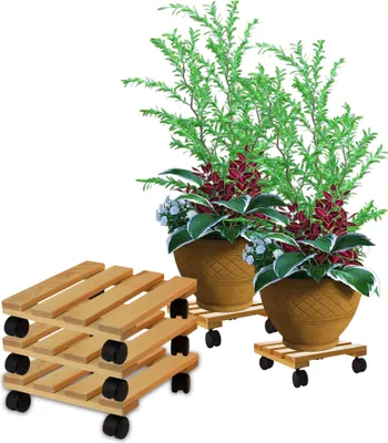 Produktbild von BigDean 3x Pflanzenroller eckig Buchenholz massives Holz 30 x 30 cm bis 120 Kg Rolluntersetzer