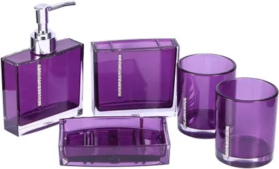 Immagine prodotto di Set di accessori da bagno lilla, composto da 5 pezzi, in acrilico: portasapone, dispenser per sapone, bicchiere per lo spazzolino, ideale per il bagno