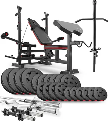 Produktbild von Hop-Sport multifunktionale Hantelbank HS-1075 - mit Curlpult und Latzug - inkl. 105 KG Hantelset Lang-, Curl- & Kurzhantelstange, Gewichte