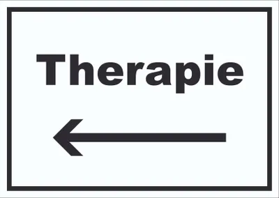 Produktbild von Therapie Schild mit Text und Richtungspfeil links Raum Behandlung waagerecht A1 Rückseite selbstklebend