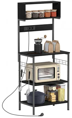 Immagine prodotto di HOMCOM Scaffale da Cucina con Multipresa per Microonde con Ripiani e Ganci Stile Industriale, Legno e Acciaio, Nero