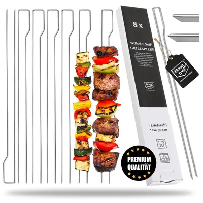 Zdjęcie produktu dla 8 sztuk patyczków do grillowania, 30 cm, z uchwytem i podwójnymi ząbkami