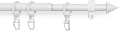 A white curtain rod with rings and clips, shown against a white background.