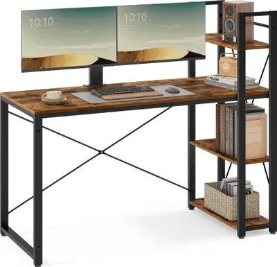 A computer desk with dual monitors and shelving unit, set against a white background.