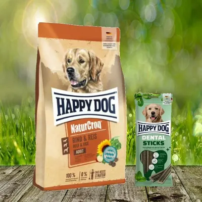 Produktbild von Happy Dog Premium NaturCroq Rind und Reis 15 kg + Happy Dog Dental Sticks *geschenkt*