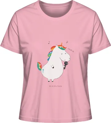 Produktbild von Mr. & Mrs. Panda Damen Kurzarmshirt Einhorn Sänger Größe L - Baumwolle Pink - Geschenk, Oberteil, Einhörner, Disco, shirt, Party, Basic, Baumwoll T-Shirt, Unicorn