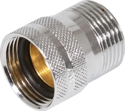 A close-up studio shot of a metal hose connector.