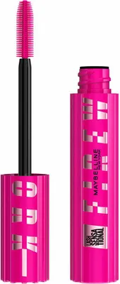 A product shot of a bright pink mascara tube and wand against a white background.