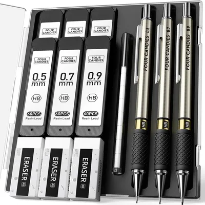 Immagine prodotto di Portamine meccanico set da 3 - 0,5 mm 0,7 mm 0,9 mm - Metallo - 360 mine HB - Con custodia