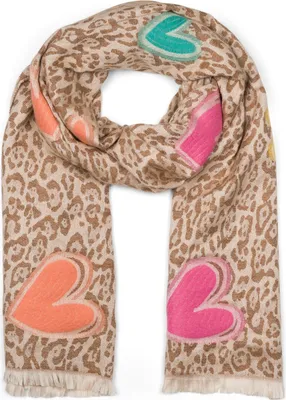 Produktbild von styleBREAKER Damen Schal mit Leopardenmuster und Herz-Stickerei – Weicher, warmer und r Schal mit Fransen 01017164