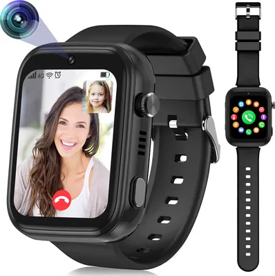 Produktbild von （Schwarz）Kinder-Smartwatch 4G mit GPS und Telefon, Smartwatch Kinder mit WLAN-Videoanruf-Kamera SOS, IP67 Wasserdichte Kinder-Smartwatch mit GPS-Echtzeitortung, Musik-Video-Player, Alarm