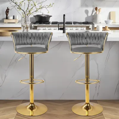 Produktbild von Hawthyhome Barhocker mit goldener Metallbasis(2er Set) Barstuhl mit Rückenlehne und Fußstütze höhenverstellbar drehbar Dunkelgrau