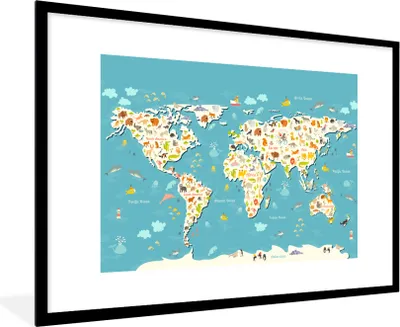 Produktbild von MuchoWow® Gerahmtes Poster Weltkarte - Kinder - Tiere - Kinder - Jungen - Mädchen 90x60 cm - Poster mit Schwarzem Bilderrahmen Wandposter Rahmen Foto Bilder - Wanddekoration - Fotos
