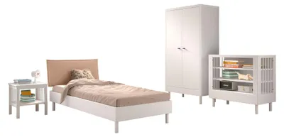 Produktbild von Einzelbett Set 90x200 Keeley Buche Weiß Massivholz Regal Komfort