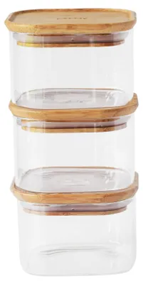 Glasbehälter mit Bambusdeckel, 3 x 500 ml, quadratisch, stapelbar